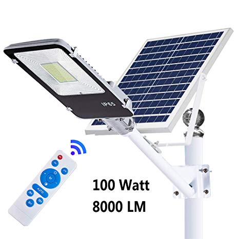 ECO-WORTHY 100 W Solar Street Flood Lights Outdoor Lamp, 8000LM White 6500K with Remote Control Dusk to Dawn Security Lighting for Yard, Garden, Gutter, Basketball Court, Arena, Lawn