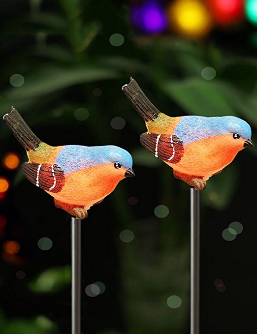 BRIGHT ZEAL Set of 2 LED Color Changing Bird Solar Garden Stake lights in Life Sizes (3.5" x 2.7" Life Size Bird, 29.5" Tall Stick) - Figurine Lights Garden Decor Solar Lights - LED Solar Patio Lights