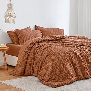 Love's cabin Seersucker Terracotta King Size Comforter Set 7 Pieces, All Season Bedding Set, King Bed in a Bag Comforter Set with Comforter, Flat Sheet, Fitted Sheet, Pillowcase and Pillow Sham