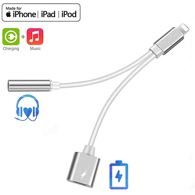Headphone Adapter for iPhone Adapter Charger Adapter Cable for iPhone 7/7P/8/8P/X/XS/XR 3.5mm Jack Dongle Aux Audio Splitter 2 in 1 for iPhone Adapter Converter Adapter Support iOS 12 System or Later