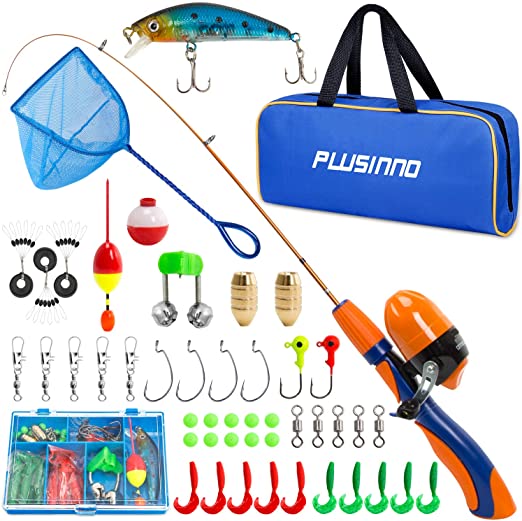 PLUSINNO Kids Fishing Pole, Portable Telescopic Fishing Rod Combos Full Kits - with Fishing Net, Travel Bag, and Tackle Box, Spincast Fishing Reel Youth Fishing Pole Fishing Gear for Kids, Girls, Boys