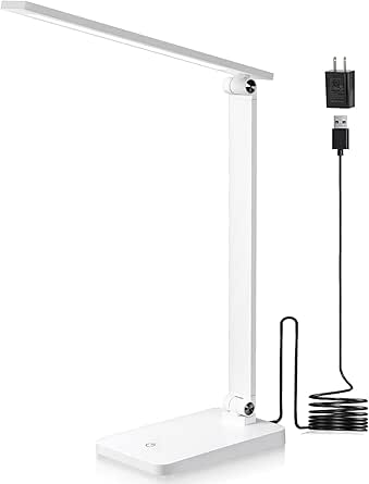 LED Desk Lamp for Home Office, 3 Levels Dimmable Desk Light with USB Charging Port, Small Study Lamp, Reading Light for Table, White, 5000K