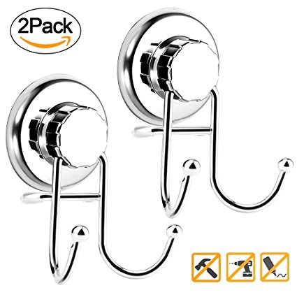 Airsspu Suction Cup Hooks, Powerful Vacuum Shower Hooks Suction,Strong Chrome Stainless Steel Hooks for Bathroom & Kitchen,Towel Hanger Storage,Bath Robe, Coat, Loofah (2 Pack)