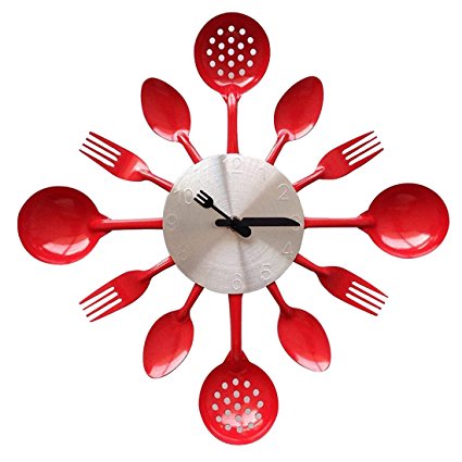 ZHPUAT 14 Inch Stainless Steel Housewares Cutlery Indoor/Outdoor Wall Clock Red