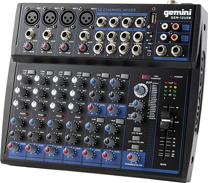 Gemini GEM-12USB Compact 12 Channel Bluetooth Audio Mixer With USB, Portable DJ Sound Controller Interface
