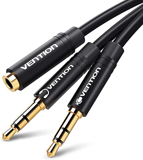 VENTION Headphone Splitter 3.5mm Female to 2 Dual 3.5mm Male for Computer, Y Splitter Adapter Cable with Separate Microphone and Headphone Connector for PC PS4 Gaming Headset (1Ft/30cm, Black)