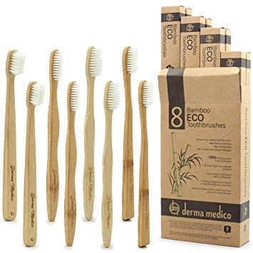 Bamboo Toothbrushes Family Pack of 8 - Eco Friendly and Biodegradable 4 Medium   4 Soft Bristles - Made from Organic & Sustainable Bamboo and BPA-Free Bristles with Plastic Free Zero Waste Packaging