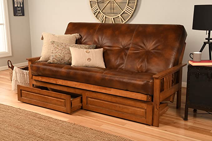 Kodiak Furniture Monterey Futon Set with Storage Drawers, with Barbados Base and Oregon Trail Saddle Mattress