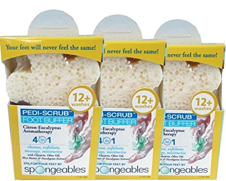 Spongeables Aromatherapy Foot Exfoliating Sponge with Heel Buffer & Pedicure Oil, Foot Scrub Daily Bath Exfoliator with Eucalyptus & Lavender, Citrus, 3 Count