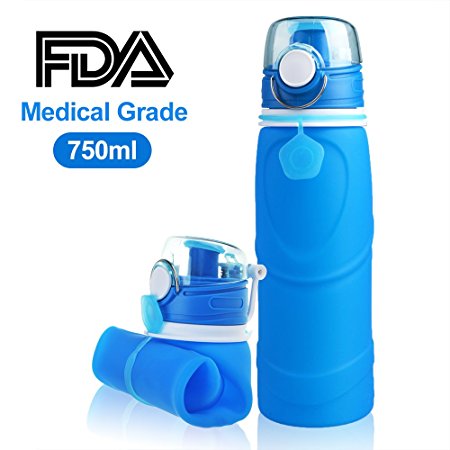 BPA Free Collapsible Water Bottle, Medical Grade Silicone Refillable Water Bottle for Travel Sport Cycling Hiking Camping Lake-proof Lip 750 ml [FDA Certificated]