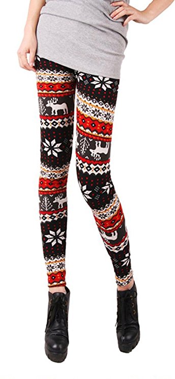 Verabella Women's Winter Soft Snowflake Reindeer Printed Stretchy Fleece Lined Leggings