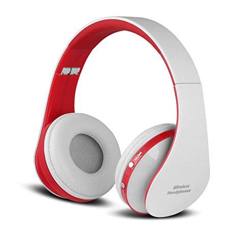 FX-Victoria Bluetooth Headset Over Ear Headphone, Bluetooth Wireless Headphones, Stereo Foldable Headset with Built in Microphone and Volume Control, On Ear Stereo Wireless Headset, White and Red