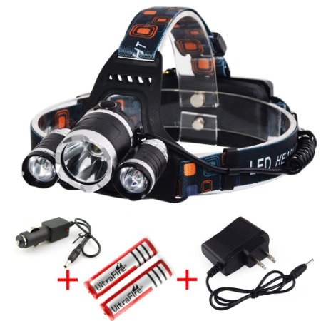 Topoint® 5000 Lumen High Power Led Headlamp Rechargeable 3*CREE XM-L2 T6 Brightest Waterproof Head Flashlight Headlights Headtorch for Outdoor Camping Hiking Hunting Biking Running