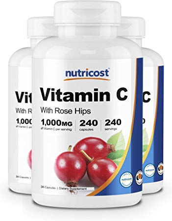 Nutricost Vitamin C with Rose Hips 1025mg, 240 Capsules (3 Bottles) - Premium Non-GMO, Gluten Free Vitamin C Supplement