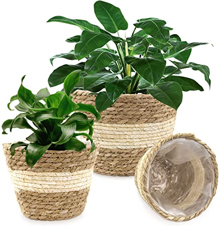 Seagrass Planter Basket Woven Plant Pot Indoor Outdoor - Flower Pots Cover Storage Basket Plant Containers for Home Decor (3-Pack)