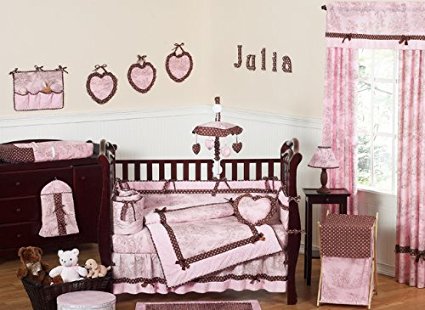 Pink and Brown French Toile and Polka Dot Baby Girl Bedding 9pc Crib Set by Sweet Jojo Designs