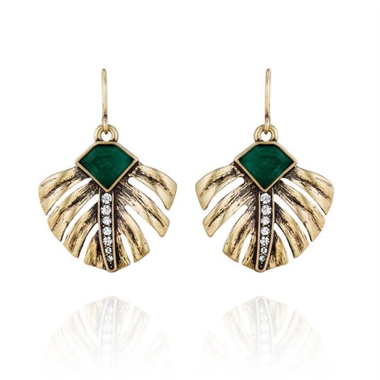 Lares Domi Vintage Gold-tone Crystal Incrusted Simulated Emerald Retro Palm Leaves Elegant Drop Earrings