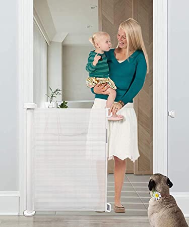 Baby Gate Retractable, Queenii Pet Mesh Dog Gate Safety Guard Install Anywhere, Safety Fence for Hall Stair Doorway Magic Gate Extends up to 54"-White