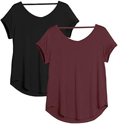 icyzone Yoga Shirts for Women Open Back - Workout Tops Short Sleeves t Shirts Loose fit(Pack of 2)