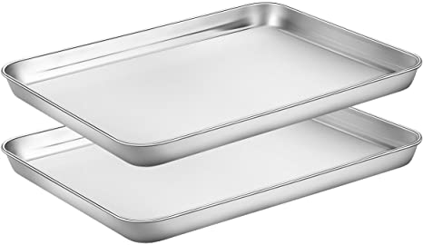 Baking Sheets Set of 2, HKJ Chef Cookie Sheets 2 Pieces & Stainless Steel Baking Pans & Toaster Oven Tray Pans, Rectangle Size 12L x 10W x 1H inch & Non Toxic & Healthy & Easy Clean