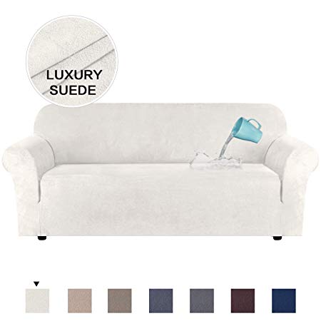 H.VERSAILTEX Elegant Luxury Ultra Soft Rich Suede Sofa Cover Stretch Plush Furniture Protector, 1 Piece for Sofa, Water Repellent Super Soft Machine Washable, Ivory, Large Size