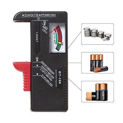 RED SHIELD Universal Battery Tester, Checker. Accurate, Portable. Check and Test Multiple Sizes. Adjustable Slider Accommodates Batteries. Easily Check Your Remaining Battery Level with Gauge Display.