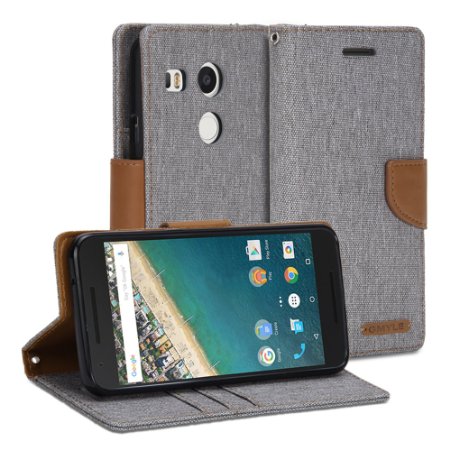 Nexus 5X Case, GMYLE Wallet Case Classic for Google LG Nexus 5X - Aluminium Grey & Deer Brown PU Leather Slim Stand Case Cover