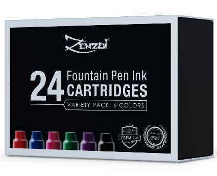 Fountain Pen Ink Refill Cartridges International Standard Size (BIG VALUE PACK OF 24) ZenZoi Cartridge Set 6 Color Variety Blue Black Red Green Pink Purple Generic Disposable 100% Money Back Guarantee