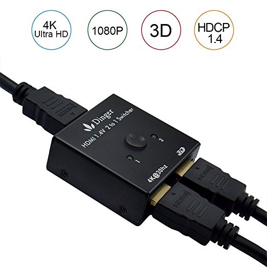 Dinger HDMI Switcher, HDMI Bi-directional Switch 2 x 1 1 x 2 HDMI Hub Supports 4K Ultra HD, 1080P, 3D