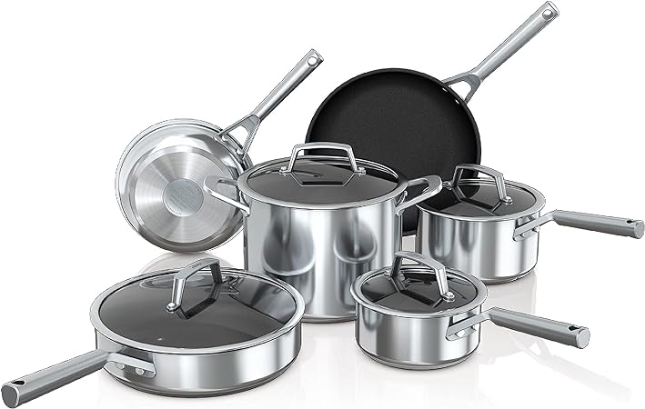 Ninja C69500C Foodi NeverStick Premium Stainless 10-Piece Cookware Set, Anti-Scratch Pots & Pans with Glass Lids, Nonstick, Durable & Oven Safe to 500°F