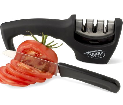 SharpChef 3-Stage Knife Sharpener Incl Free Chefs Blade Professional Results for Steel and Ceramic Blades Black