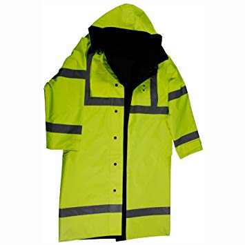Petra Roc LRC-48RV-C3-M 48" Rain Coat Waterproof, Reversible Lime/Black, ANSI Class 3, w/Detachable Hood & Side Slits, M