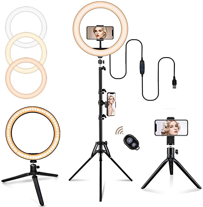 10" Ring Light with Tripod Stand, BEACON Selfie Ring Light for Live Stream/Makeup/Tiktok/Vlogging, Dimmable LED Ring Light Compatible with iPhone & Android (2 Tripods Included)