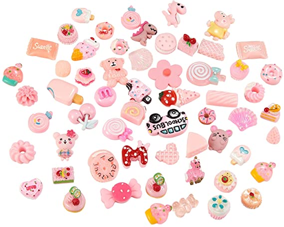 Airssory 200 Pcs Pink Theme Slime Charms Mixed Cake Ice-Cream Cookies Biscuits Dessert Slices Flatback Resin Cabochons in Bulk for Jewelry Making, Scrapbooking Embellishment and Crafting - 10~35mm