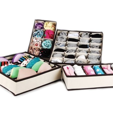 Kicode Collapsible Storage Boxes Bra Underwear Socks Closet Organizer Drawer Divider 4 Set(Creamy-White)