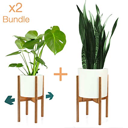 Fox & Fern Mid-Century Modern Plant Stand - Adjustable Width 8" up to 12" - Bamboo - Excluding White Ceramic Planter Pot - Set of 2