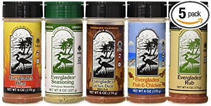 Everglades Seasoning Pack of 5, Sampler Cactus Dust Heat Fish and Chicken Rub Bottles for All Purpose, 6 oz. and 8 oz.