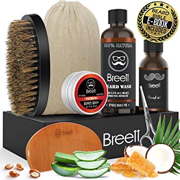 Beard Grooming Kit for Mens, Beard Care Kit 6 Pcs, Breett Moustache Care Gift Set Including Beard Wash, Beard Brush Comb Set, Beard Balms, Beard Wash, Beard Oils and Beard Scissors