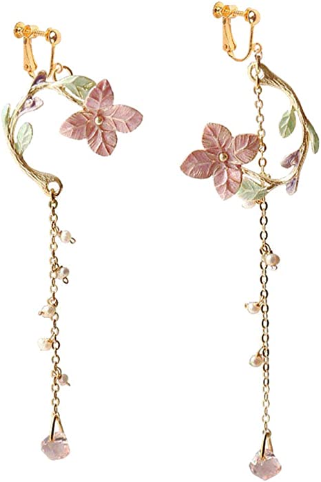 Pink Enamel Flower Dangle Clip on Earrings for Girls Women Non Pierced Ears Jewelry Long Chain Tassel with Faux Pearl Beaded Hanging Dangling Drop Fashion Dress Up Accessories Gold Plated