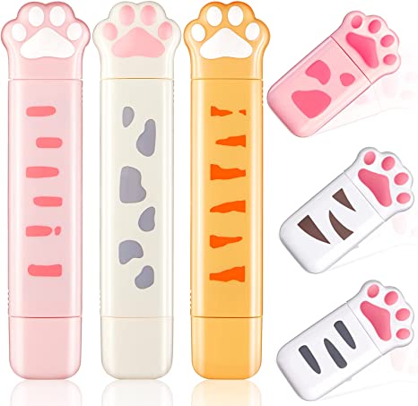 6 Pieces Cartoon Correction Tapes Includes 3 Cartoon Cat Paw Shaped Dual Tips Correction 3 Cat's Paw Shape White Correction Tape for Kids Students Office School Supplies