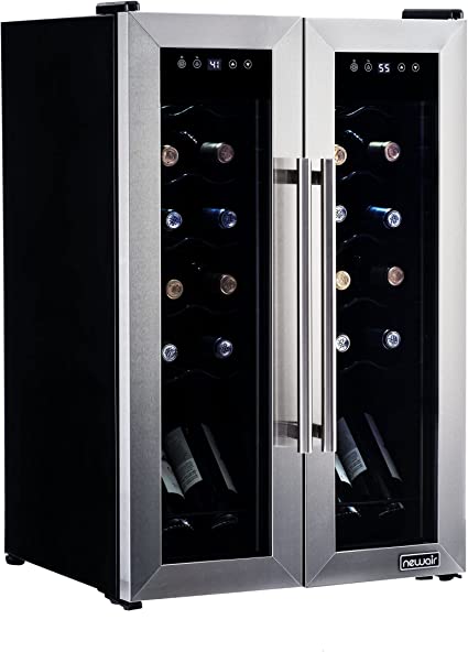 NewAir 24 Bottle Wine French Door Cooler Refrigerator | Freestanding Wine Fridge | Dual Zone, Stainless Steel, Double-Layer Tempered Glass Door, Quiet Compressor | 41F-64F Digital Temperature Control
