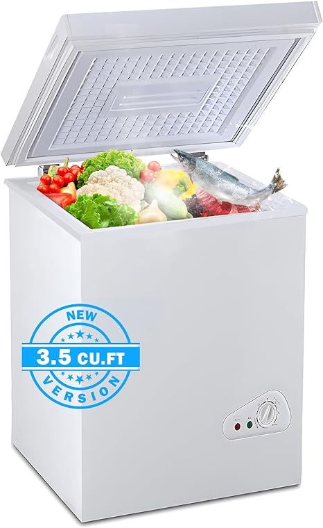 EUASOO 3.5 Cu.Ft Chest Freezer with a Removable Basket 7 Gears Adjustable Temperature Control(-18°F to -46°F), Deep Compact Freezer for Garage, Office, Basement, House, Kitchen, Shop, RVs-White