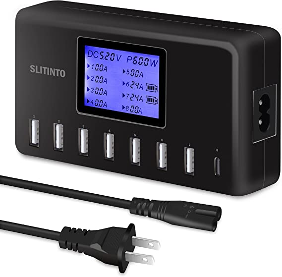 USB Charger, Slitinto 60W 8-Port USB Charging Station Multi Port USB Hub Charger Compact Size LCD Display Compatible with iPhone iPad Samsung Kindle Tablet Bluetooth Earbuds and More