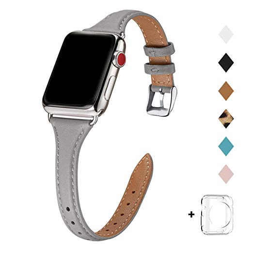 Bestig Leather Band Compatible for Apple Watch 38mm 40mm 42mm 44mm, Slim Thin Genuine Leather Replacement Strap for iWatch Series 4/3/2/1 (Gray Band Silver Adapter, 38mm 40mm)