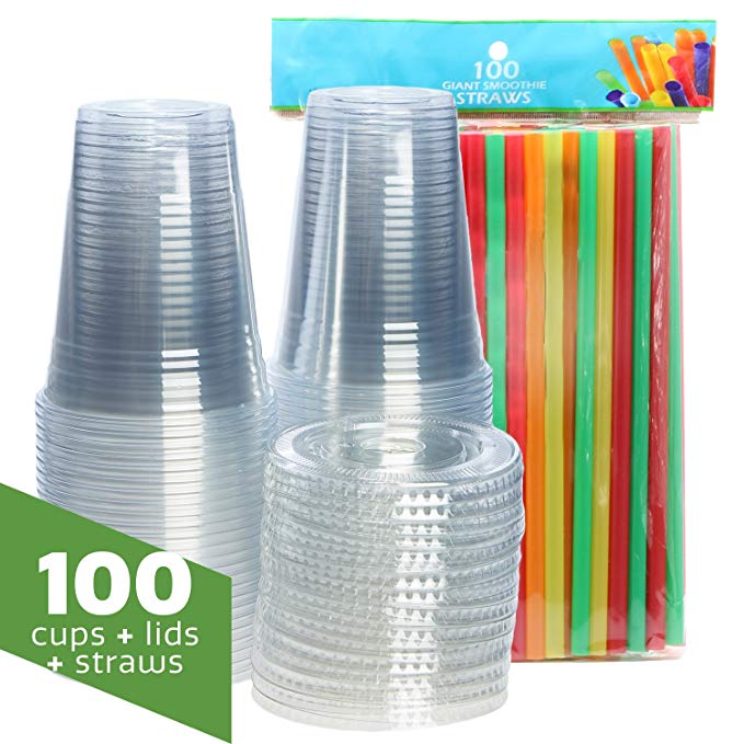 16 oz. Plastic Cups with Flat Lids and Straws [100 Sets] = 100 Clear Cups, 100 Flat Lids, 100 Smoothie Straws