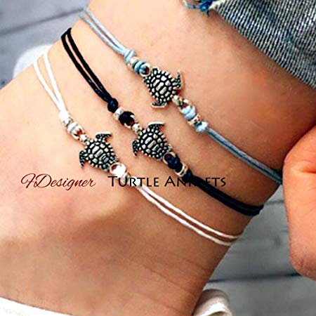 Fdesigner Boho Turtle Anklets Bracelet Set Woven Foot Chain Rope Decorative Beach Jewelry for Women and Girls 3pcs (Style |)