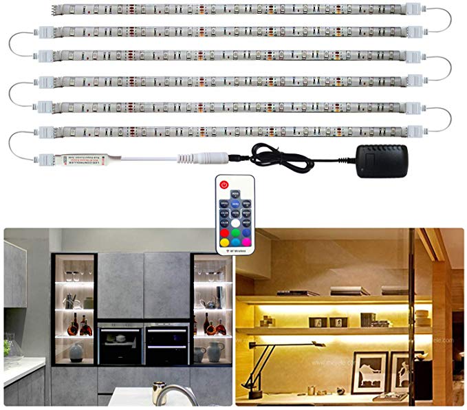 Tesfish LED Strip Lights, 6 PCS x 50cm 5050 RGB Under Cabinet Lighting, Backlight, Waterproof LED Color Changing Rope Lights with Power Adapter and Remote for Kitchen, Bedroom, Shelf, Home Decor