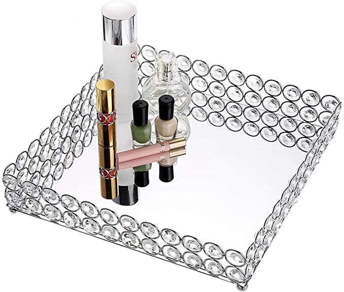 Hipiwe Crystal Cosmetic MakeupTray - Large Square Vanity Tray Jewelry Trinket Organizer Tray Mirrored Decorative Tray Christmas