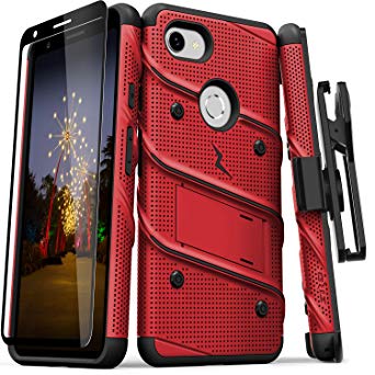 ZIZO Bolt Series Google Pixel 3a Case | Heavy-Duty Military-Grade Drop Protection w/Kickstand Included Belt Clip Holster Tempered Glass Lanyard (Red/Black)