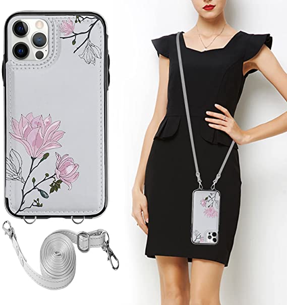 FLYEE Crossbody Wallet Case Compatible with iPhone 13 pro,Flowers Case with Card Holder for Women and Girls,Lanyard and Flip Stand,Exclusive Copyright Floral Design-Grey Flower